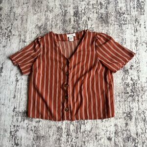 Urban Romantics Burnt Orange with White Stripe Vneck Short Sleeve Button Up Top